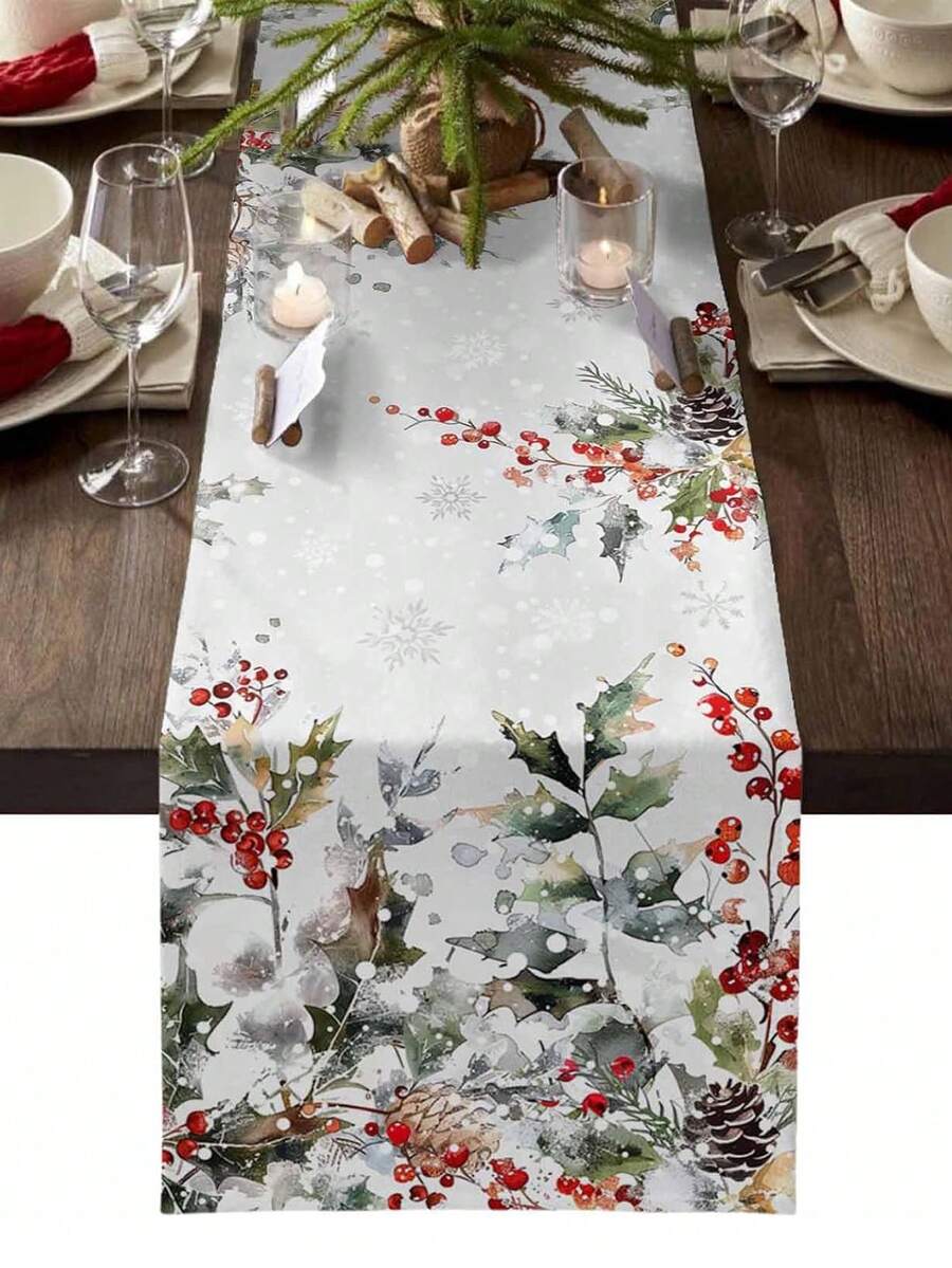 Christmas Holly Berry Snowflake Table Runner Holiday Party Decor Reusable Winter Xmas Kitchen Dining Table Runner Christmas Decorations - Multicolor - View 1