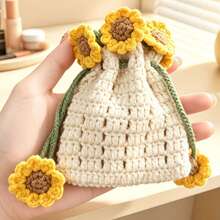 Wardrobe Storage/Accessory Storage/Jewelry Hanging Bag/Handmade Woven/Sunflower Design/Coin Purse/Card Holder/ID Card Holder/Earphone Case/Storage Organizer Bag/Hanging Storage Bag/1pc,Travel Essential - Multicolor - View 3