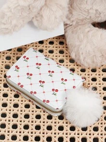 Fashionable Cherry Print Simple Portable Coin Wallet Zipper, With A Pom-Pom Charm, Multi Purpose Women's Wallet Card Bag - White - View 6
