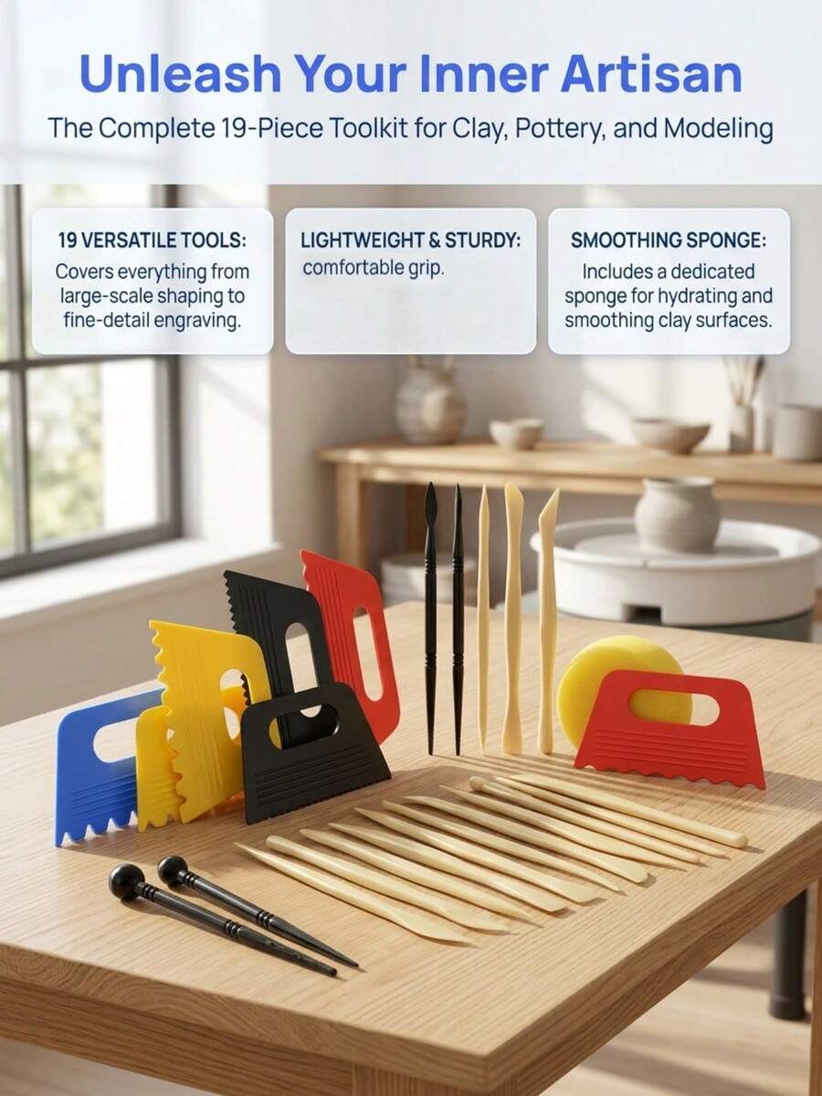 19/10Pcs Clay Sculpting Tools Set Plastic Scrapers Stylus Double Ended With Sponge For Pottery Crafts - Multicolor - View 1