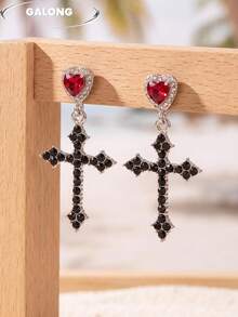 [Gold Baroque Cross Earrings]Luxurious Vintage Rhinestone Embellished ...