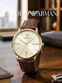Armani Men's Classic Analog Quartz Watch, Gold-Plated Case, Champagne Dial, Grained Brown Leather Strap, Date Window, Birthday Gift For Husband - one-size - View 7