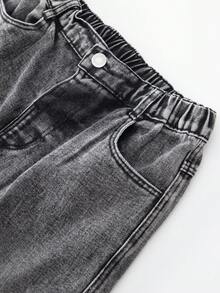 Teen Girls Dark Gray Multi-Pocket Cargo Denim Loose Straight Wide Leg Pants, All-Season Fashion Style - Black - View 7