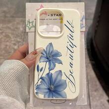 1pc TPU Material Fresh Elegant Blue Floral English Cursive Pattern Phone Case Compatible With IPhone 17 Pro Max/17/16 Pro Max/15/13/12/11/ S20 FE/A15/S24/A55/ Note 11/Note 12/Note 13 Pro Full Coverage Anti-Fall Soft Shell Phone Protective Cover - White - View 1