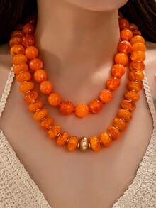 OABE 2pcs/Set Bohemian Style Orange Beaded Necklace Set With Round And Oval Beads Suitable For Women's Daily Wear - Orange - View 2