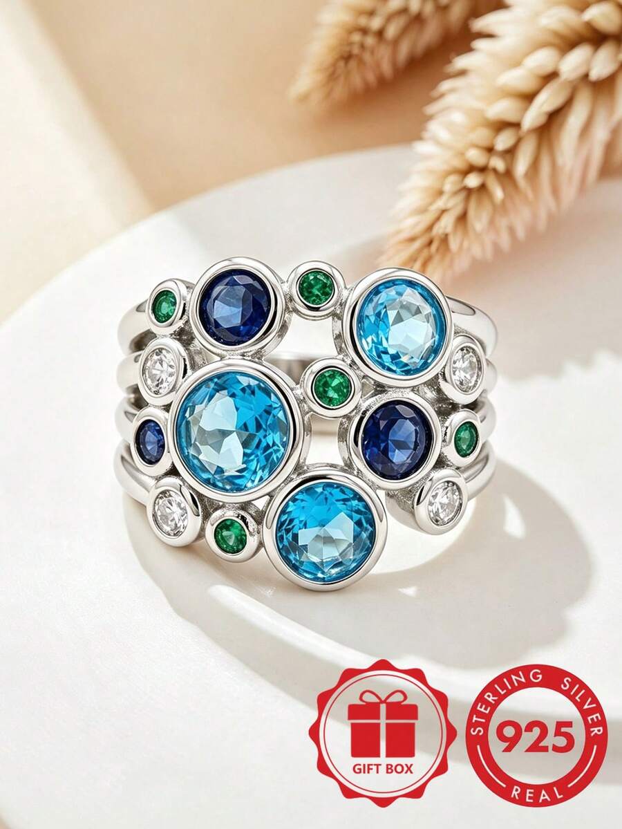 Vintage Palace Style S925 Sterling Silver Multi-Colored Zirconia Ring For Women, Blue & Green Contrast Hollow Floral Design, Luxury Decorative Finger Ring, Gift Jewelry With Gift Box - Silver - View 1