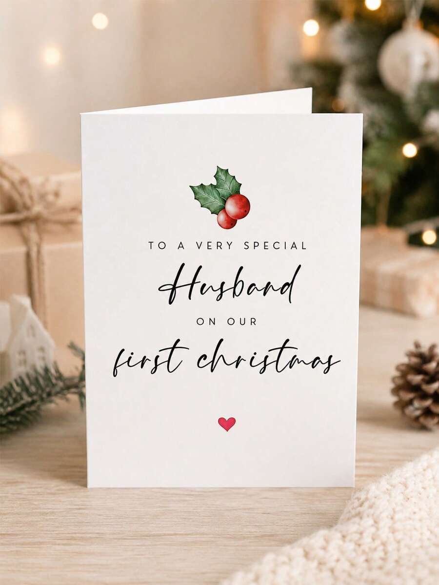 1pc Romantic Our First Christmas Card For Husband, Newlywed Xmas Greeting Card With Holly Berry Pattern, Holiday Gift Card For Spouse - Multicolor - View 1