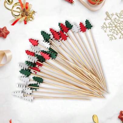 200/100/50/20pcs Christmas Toothpick Set, Christmas Cocktail Picks, Holiday Decoration Toothpicks, Christmas Party Cocktail Skewers And Appetizer Platter Toothpicks. Suitable For Holiday Party Appetizers, Fruit Skewers, Cake Decoration, Sandwiches And Party Snacks, Vase Flower Arrangement, Potted Plant Decoration, Home Decor, Christmas/Halloween Decoration