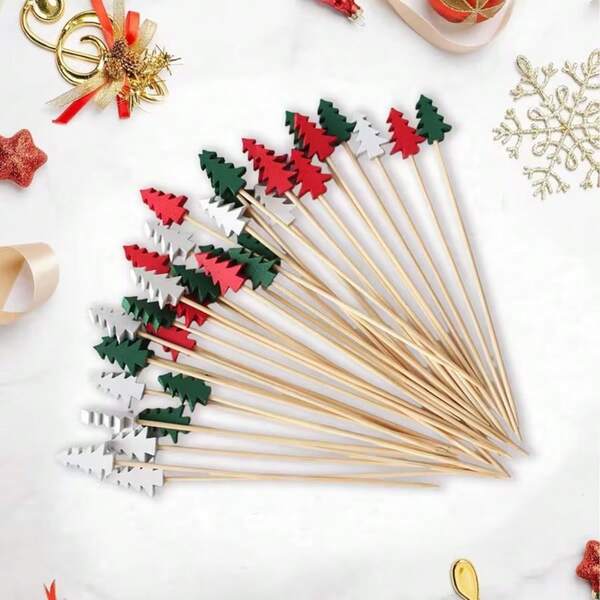 200/100/50/20pcs Christmas Toothpick Set, Christmas Cocktail Picks, Holiday Decoration Toothpicks, Christmas Party Cocktail Skewers And Appetizer Platter Toothpicks. Suitable For Holiday Party Appetizers, Fruit Skewers, Cake Decoration, Sandwiches And Party Snacks, Vase Flower Arrangement, Potted Plant Decoration, Home Decor, Christmas/Halloween Decoration