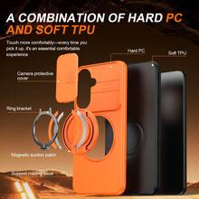 Étui de téléphone compatible avec Samsung S26 Ultra A35 Couverture complète de l'objectif Couvercle coulissant A57 Support magnétique rotatif Étui de protection - Orange - Voir 7