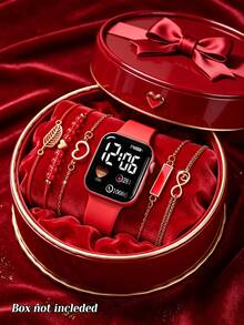 6Pcs/Set Girls' Electronic Watch Jewelry Set, Multi-Color Minimalist Sports College Style LED Digital Display Watch With Matching Color Bracelet, High-End Fashion Versatile, Silicone Strap Comfortable And Durable, Perfect For Daily Wear, Best Gift Choice (Gift Box Not Included) - Multicolor - View 4