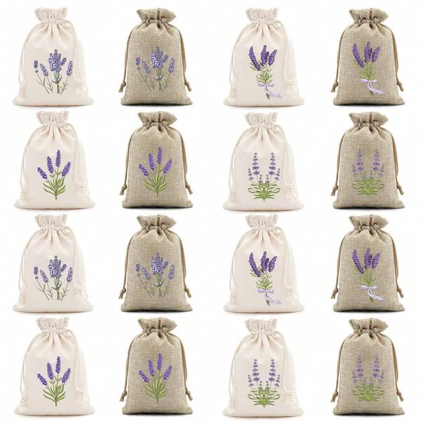 CARRIECUR 8/16/24/32Pcs Lavender Burlap Drawstring Bags, 8 Assorted Floral Designs Linen Sacks With Drawstring, Natural & Cream Color Reusable Sachet Pouches For Lavender Sachets, Wedding Favors, Jewelry Gift, Aromatherapy & Party Supplies