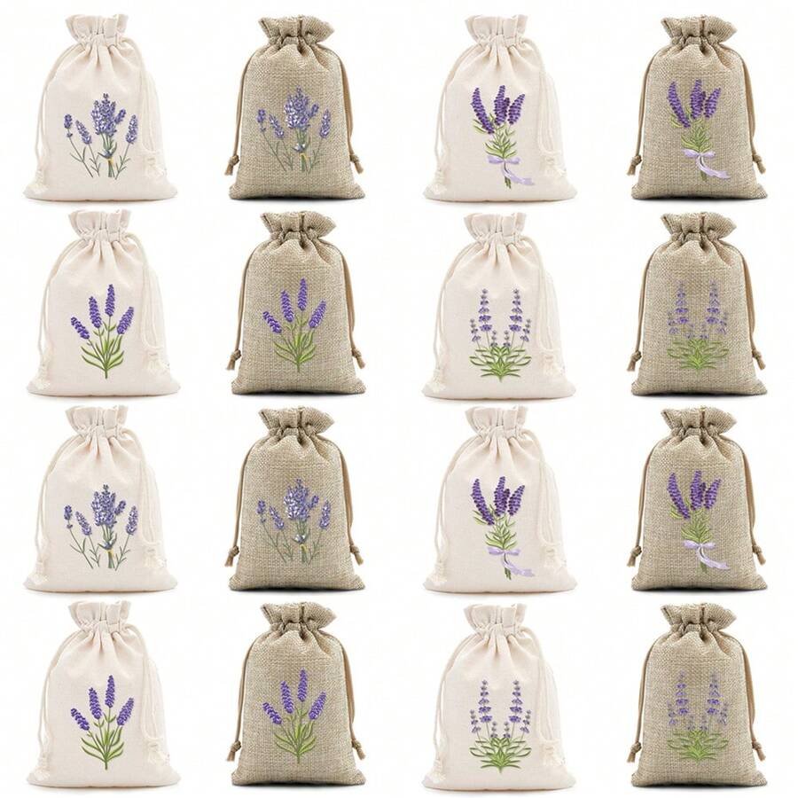 CARRIECUR 8/16/24/32Pcs Lavender Burlap Drawstring Bags, 8 Assorted Floral Designs Linen Sacks With Drawstring, Natural & Cream Color Reusable Sachet Pouches For Lavender Sachets, Wedding Favors, Jewelry Gift, Aromatherapy & Party Supplies - View 1