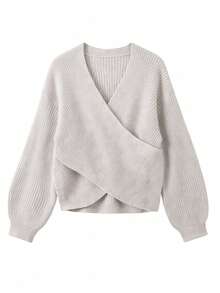 Suéter Feminino Vintage com Decote em V Envolvente, Malha Grossa, Ombro Caído, Manga Lanterna, Cintura Slim Fit, Pulôver Cropped, Top Casual Suave para o Outono - Bege - Visão 7
