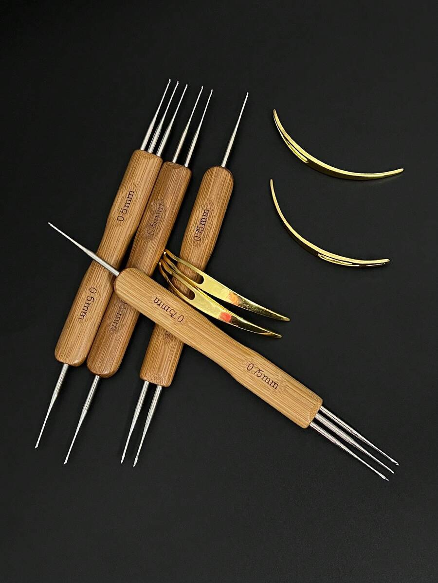 Dreadlock Double-Head Crochet Hook Set 1+2/1+3, Bamboo Handle 0.5mm/0.75mm Hair Locking Crochet Kit, Festival Style Handmade Hair Braiding Tool, Home & Salon Universal - Double-ended Bamboo Handle Dreadlock Crochet Hook - View 1