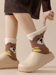 3/5 Pairs Random Women's Coral Fleece Mid-Calf Socks, Winter Warm Sleep Socks, Floor Socks, Cute Bear Pattern Fuzzy Socks, Coffee Color Versatile Women's Socks - Multicolor - View 5