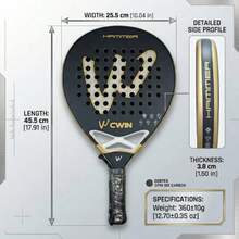 Raket Padel CWIN HAMMER 18K, Bingkai Serat Karbon Bertekstur dengan Jembatan Peredam Guncangan Berongga 3D, Inti EVA Lembut, Permukaan Putaran yang Ditingkatkan, Hitam & Emas Kelas Profesional, Cocok untuk Pemain Dewasa Tingkat Menengah - MultiWarna - View 7