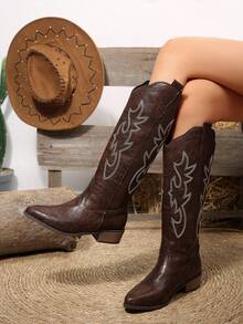 FVPFVP Kendo Influencer Style Embroidered Boots 2024 European & American New Thick Heel Height-Increasing Vintage Long Tube Denim Knee-High Boots For Women - Coffee Brown - View 2