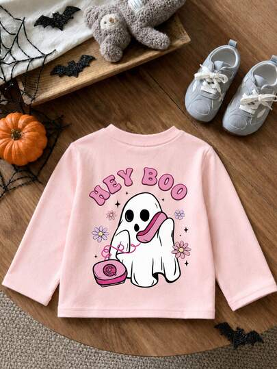 [Halloween]Young Girl 1pc Pink Cute Ghost Print Long Sleeve T-Shirt, Suitable For Girls' Autumn/Winter Tops, Young Students' Children's Wear, Suitable For Outerwear And Inner Layer