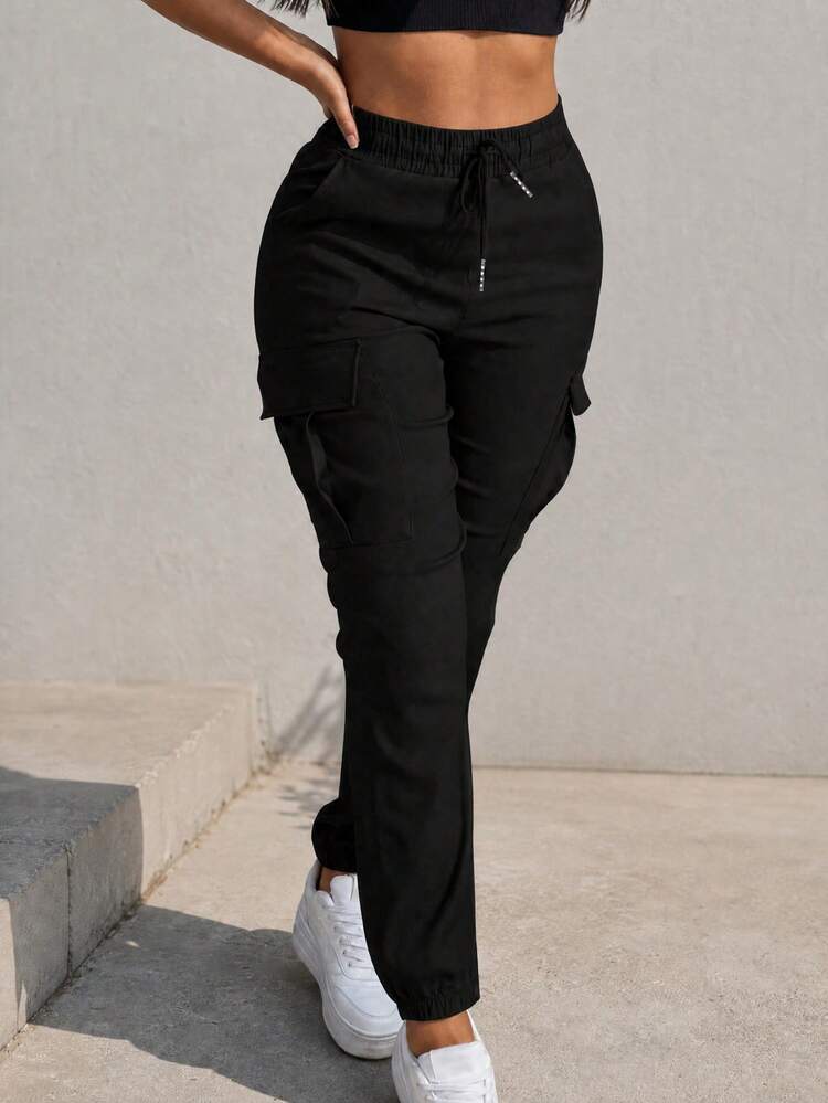 Spring/Autumn New Plus Size Women's Elegant Versatile Solid Color Minimalist Pocket Elastic Waist Drawstring Cargo Pants, Polyester Slightly Black - Black - View 2