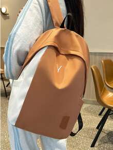 Dedoo Colorblock Zipper Backpack, Letter Embroidery & Label Details, Large Capacity, Student School Bag, Suitable For College Campus, Back To School Season Student Backpack - Brown - View 4