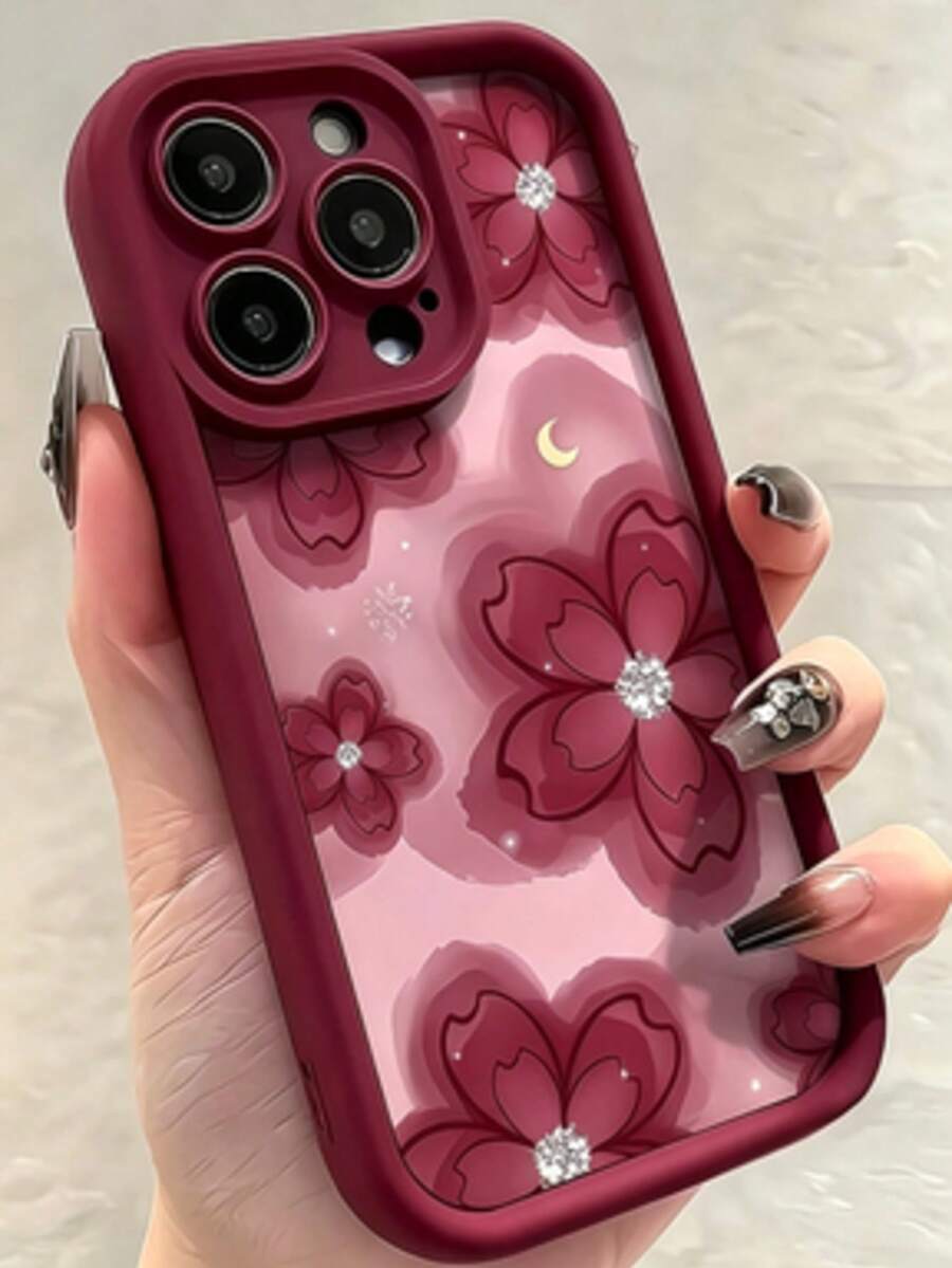 1pc Creative Personalized Burgundy Diamond Star Moon Floral Love Pattern Gift For Mother; Frosted Eye Frame Compatible With Apple 7/8/X/XR/XSMAX/11/12/13/14/15/16/17Promax - Burgundy - View 1