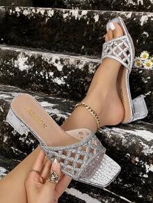 1 Pasang Sandal Selop Wanita Ujung Persegi Warna Perak, Dekorasi Rhinestone Berongga, Hak Blok Transparan, Desain Modis, Sandal Slip-On - Perak - View 5