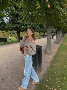 Sookaug Vintage Cable Knit Sweater Women Off-Shoulder Off-Shoulder Two-Way Wear Slouchy Short High Waist Top - Khaki - View 7