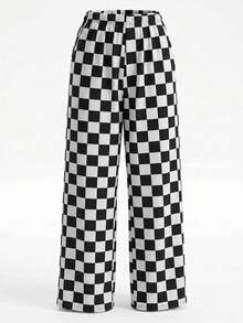 Women's Spring/Autumn New Fashionable Minimalist Checkerboard Print Casual Pants, Personalized Niche Loose Wide-Leg Trousers Suitable For Work, Commute, Office, Travel, Party, School, Home, Daily Versatile Wear - White Ink - View 5
