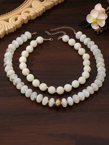 OABE 2pcs/Set Bohemian Style Warm White Beaded Necklace Set With Round And Oval Beads, Suitable For Women's Daily Wear - Multicolor - View 6