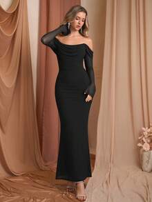 PARTHEA Elegant Women's Black Off-The-Shoulder Long Sleeve Mesh Maxi Dress, Draped Design, Mermaid Hem - Black - View 6
