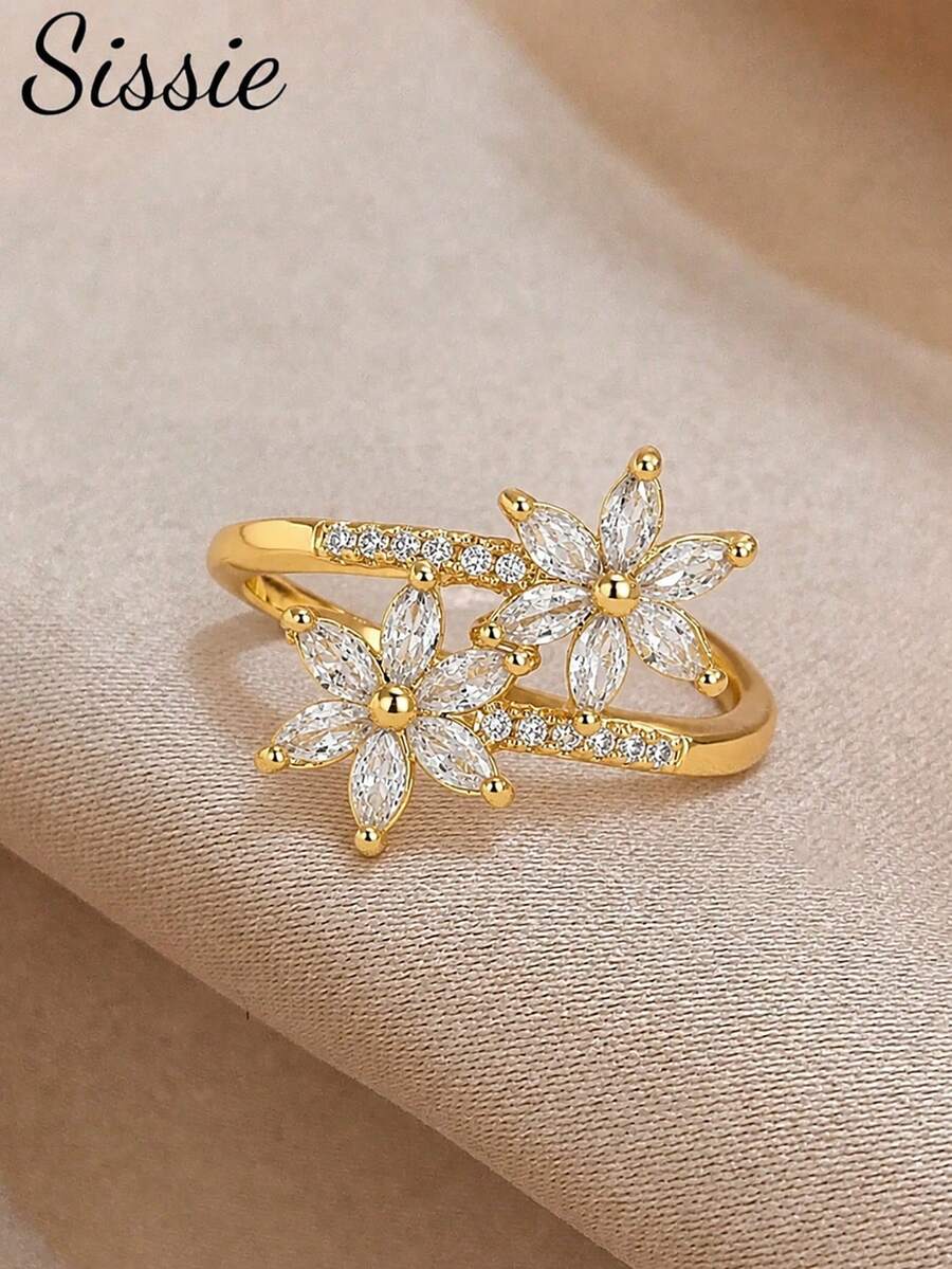 1pc Girl's Gold-Plated Cherry Blossom White Square Crystal Ring, Adjustable Flower Ring, Delicate Stackable Jewelry For Girls Party Prom Dates & Daily - one-size - View 1