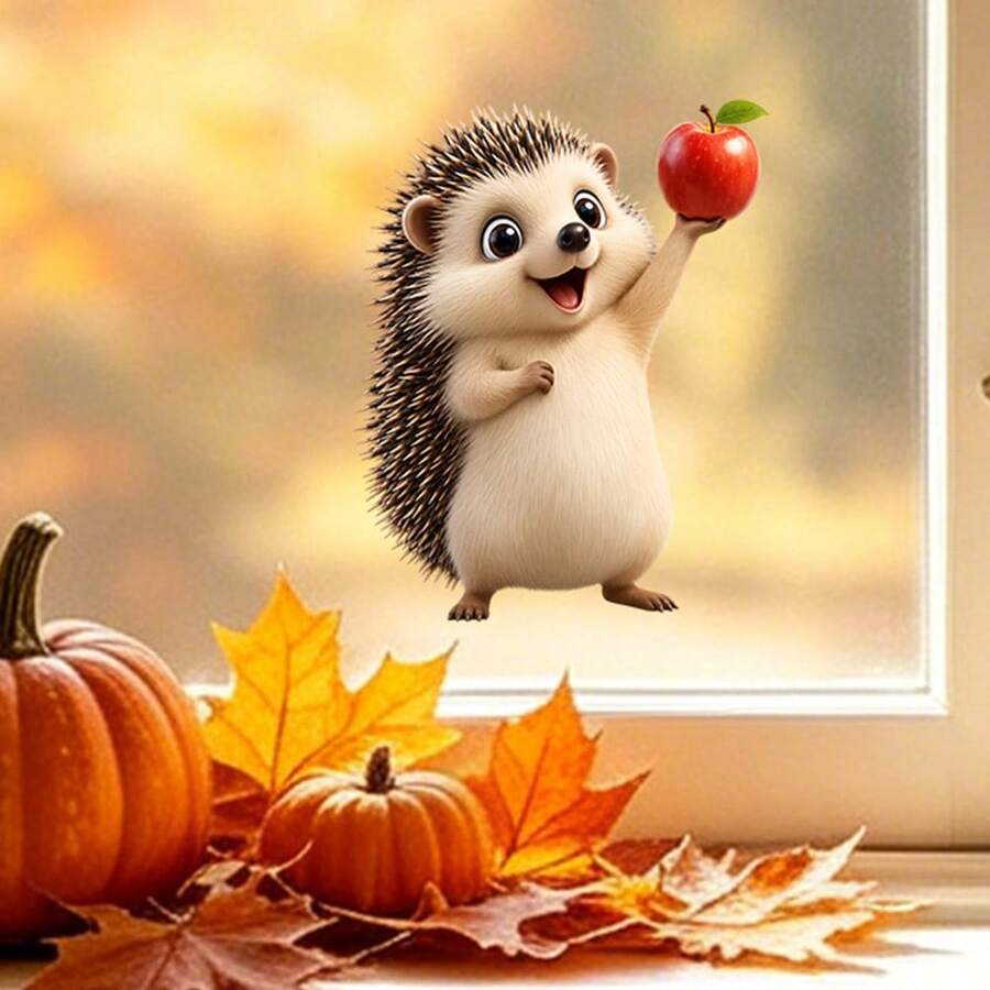 1/2pcs Cute Hedgehog Window Stickers, Adorable Animal With Maple Leaf And Apple Design, Waterproof Easy-To-Peel Static Cling, Suitable For Bedroom, Room, Kitchen, Bathroom Mirror, Balcony Window, Warm Healing Countryside Pastoral Home Decor, Holiday Decoration - Multicolor - View 1