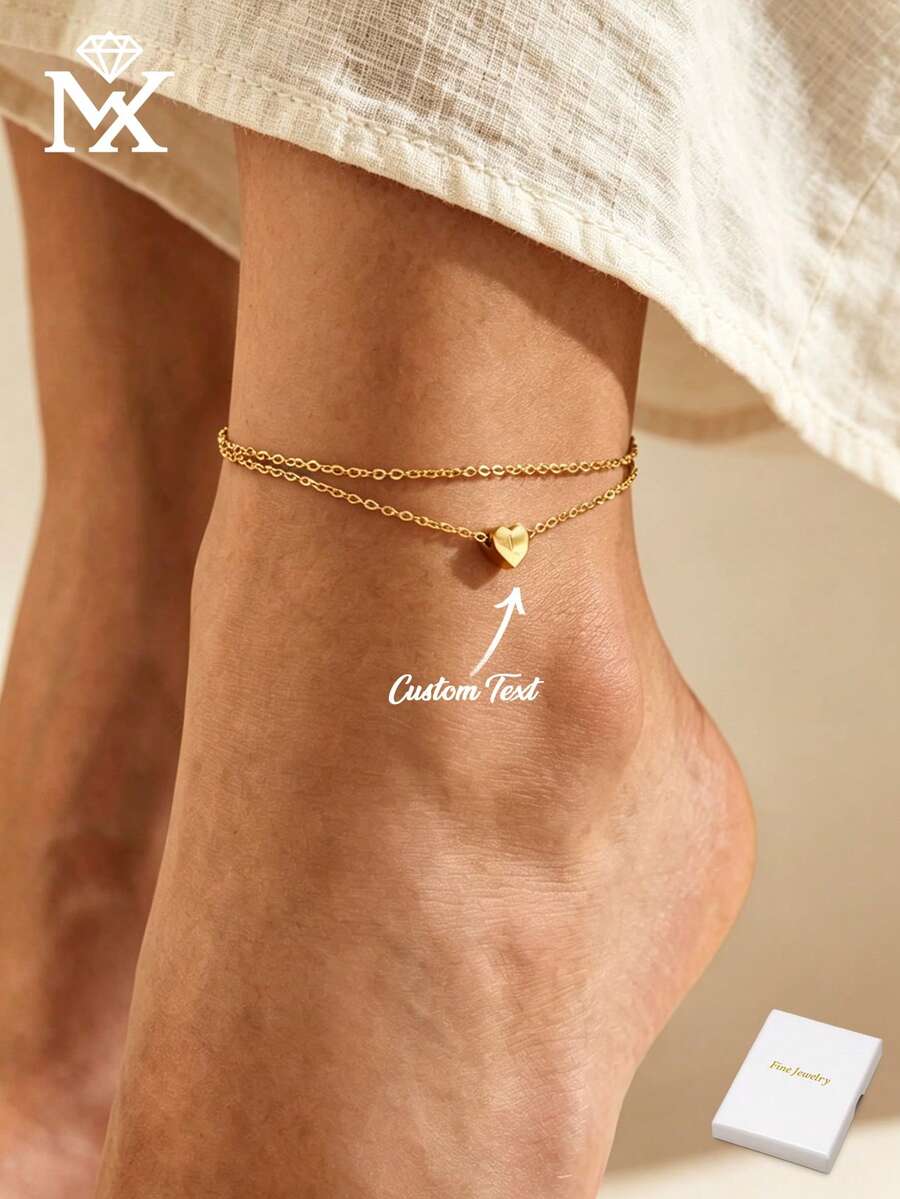 Gelang Kaki Huruf Hati dari Baja Tahan Karat Berlapis Emas - Gelang Kaki Huruf yang Dipersonalisasi, Rantai Halus, Perhiasan Nama yang Disesuaikan, Gelang Kaki Pantai Laut, Hadiah untuk Wanita - Emas - View 1
