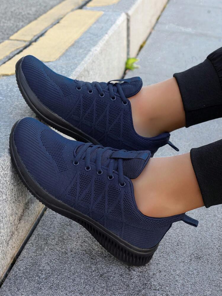 New All-Season Breathable Lightweight Mesh Knit Minimalist Lace-Up Solid Color Non-Slip Durable Machine Washable Women's Shoes Sports Shoes Casual Shoes Running Shoes Walking Shoes Road Running Shoes - Navy Blue - View 4