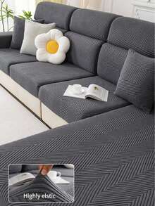 1PC Fleece Jacquard Sofa Cushion Cover, Decorative Elastic Sofa Cushion Cover With Jacquard Line Design, Simple And Elegant, Machine Washable, Suitable For L-Shaped Sofa 1/2/3/4 Seater, All Seasons - Dark Grey - View 8
