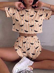 2pcs/Set Minimalist Halloween Pumpkin Ghost Face Print Casual Loose Knit Long Sleeve Top & Side Slit Shorts Loungewear Set, Suitable For Home Use - Apricot - View 3