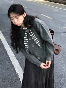 Women's 2 In 1 Polka Dot Knit Cardigan Sweater Top - Grey - View 4