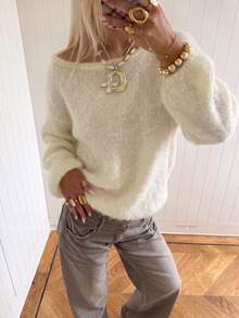 Women Casual Autumn Winter Boat Neck Beige Solid Color Drop Shoulder Knit Top Long Sleeve Puff Sleeves Sweater Daily/Work/ - Beige - View 4