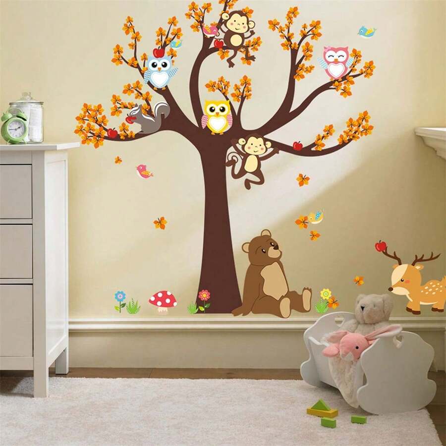 2pcs Cartoon Big Tree & Small Animals Wall Stickers, Suitable For Home Living Room Bedroom Children's Room Background Wall Decoration, PVC Material Waterproof Self-Adhesive Removable Wall Decals, Size 35.4inch*11.8inch*2pcs - Multi-color 2-pack - View 1