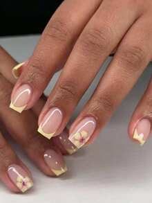 Light Yellow French Style Wearable Nails, 24pcs Square Glitter Flower Design Acrylic Fake Nails Set, Summer Manicure - Yellow - View 4