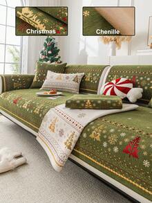 1pc Christmas Holiday Decorative Sofa Cover, Chenille Material Pet-Friendly All-Season Non-Slip Protective Cushion, Suitable For 1-4 Seater Sofa Protection And Decoration, Old Sofa Refurbishment - Green - View 1
