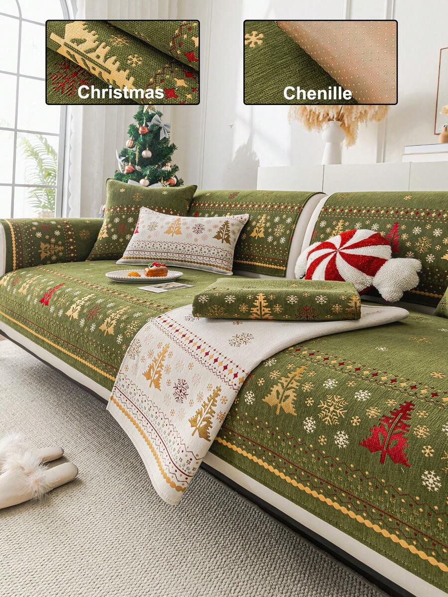 1pc Christmas Holiday Decorative Sofa Cover, Chenille Material Pet-Friendly All-Season Non-Slip Protective Cushion, Suitable For 1-4 Seater Sofa Protection And Decoration, Old Sofa Refurbishment - Green - View 1
