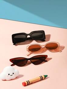 1套3件組 9-14歲兒童復古長方形橢圓貓眼時尚眼鏡，耐用PC鏡框裝飾眼鏡，適合海灘玩耍與返校拍照造型 - 彩色 - 查看 10