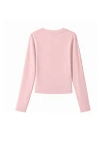 Pink Star & Letter Print Sweet Slim Fit Women's Long Sleeve T-Shirt, Autumn Niche American Style Cropped Top - Pink - View 7