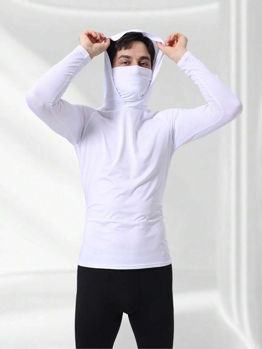 Sudadera con capucha de manga larga ajustada para hombre,áscara deportiva, para correr, fitness, casual al aire libre en primavera de color negro - Blanco - Ver 1