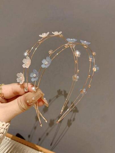 1pc Double Layer Alloy Thin Headband With Faux Pearl Flower Decoration, Sweet Hair Accessory For Girls