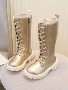 1 Pair Girls' Gold High-Top Boots, Lace-Up Side Zipper Thick Sole Riding Boots, Children's Fashion Performance Long Boots - Gold - View 5