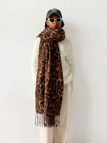 1PcVintage Leopard Print Tassel Scarf, Soft Imitation Cashmere Large Blanket Shawl, Women Autumn Winter Warm Fringe Wrap Scarf - Multicolor - View 8