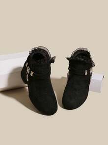 Girls' Black Suede Rhinestone Ankle Boots, Chunky Heel Princess Boots With Side Zipper, Stylish Dress Boots For Little Girls - Black - View 3